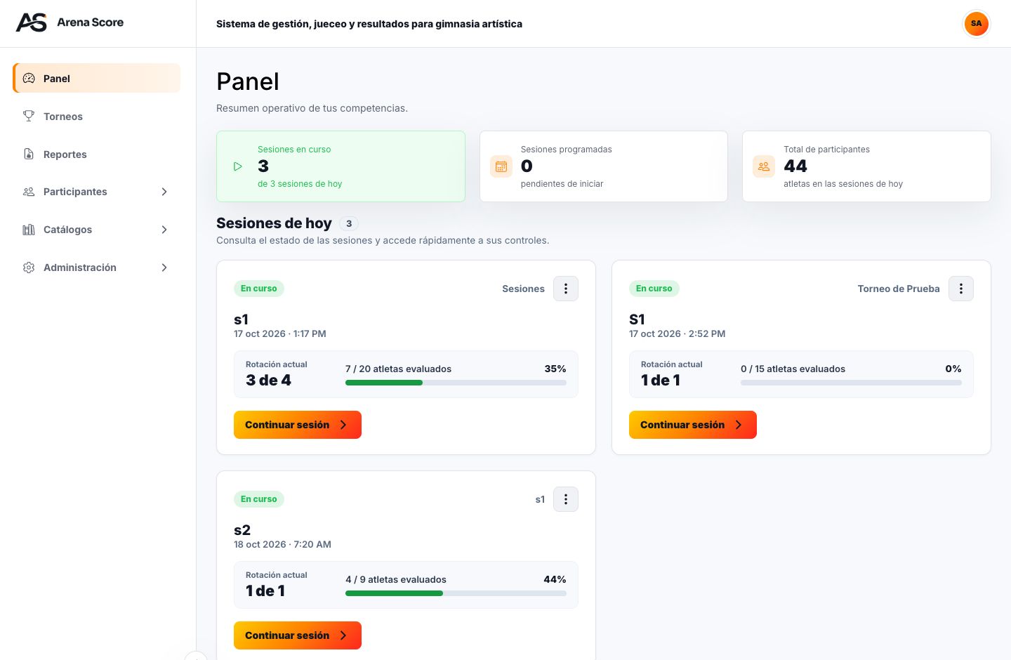 Actual ArenaScore interface: dashboard with active sessions, rotations and scoring progress.