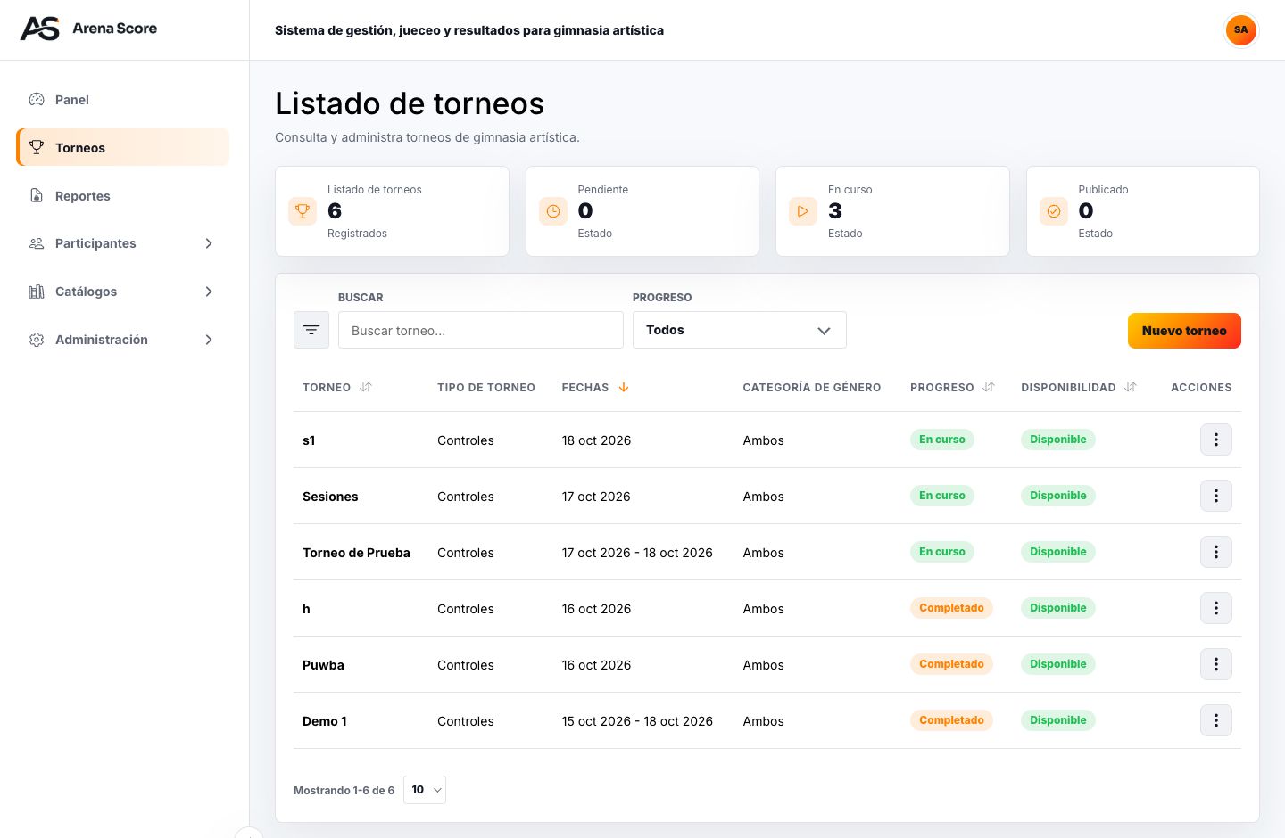 Actual ArenaScore interface: tournament list, statuses and search filters.